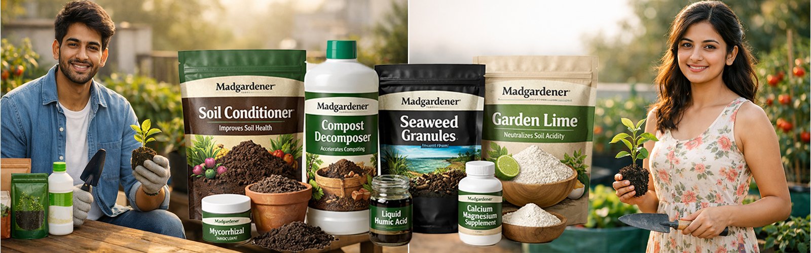 Madgardener soil conditioner, compost decomposer, seaweed granules and garden lime displayed with home gardeners in terrace vegetable garden